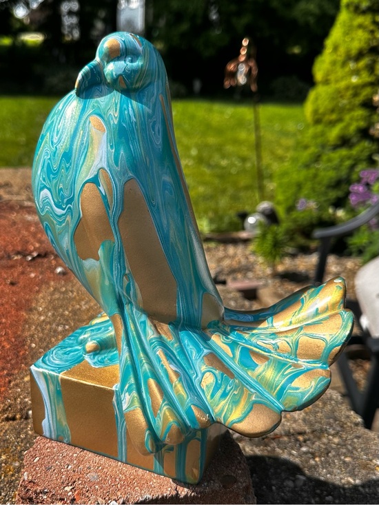 Hand Crafted Other - Hand crafted abstract painted Turquoise and Gold Bird ceramic statue